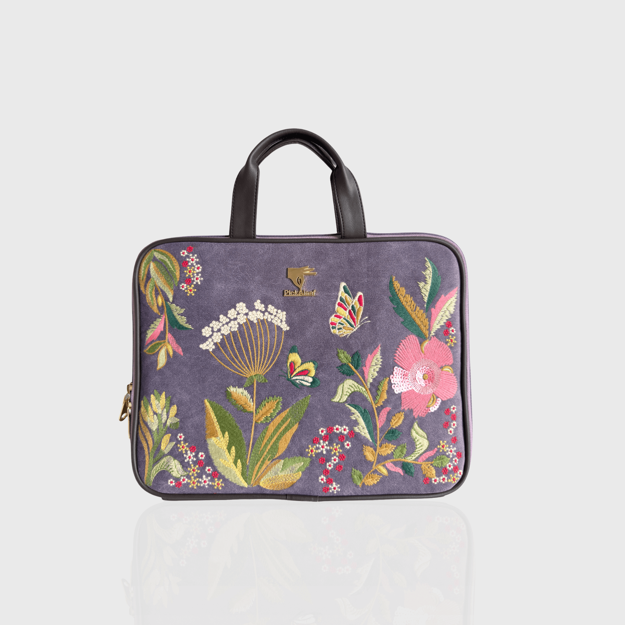 Purple Violet Valley embroidered laptop sleeve.