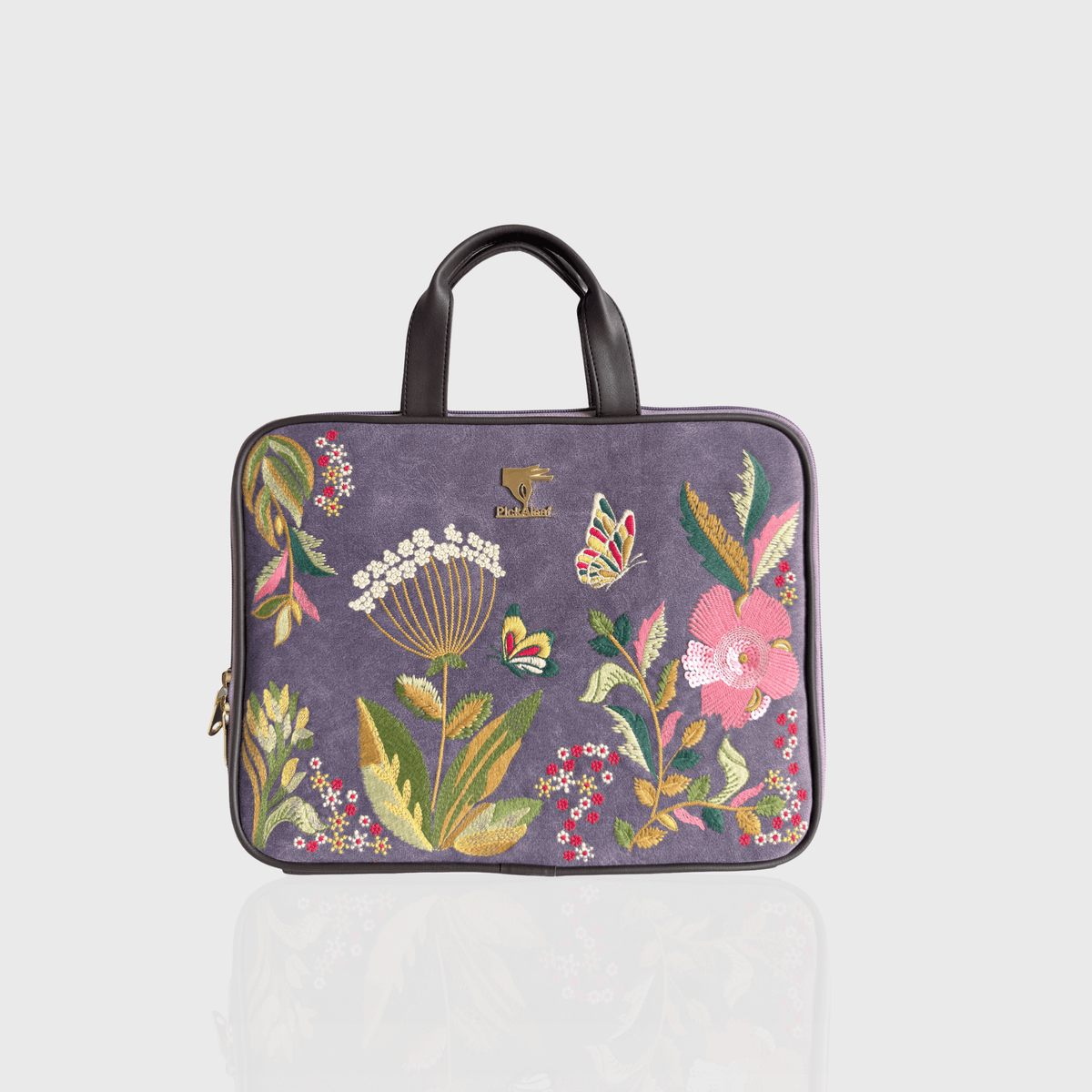 Purple Violet Valley embroidered laptop sleeve.