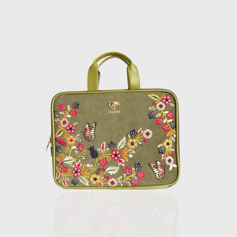 Olive green Waves embroidered laptop sleeve for office and travel.