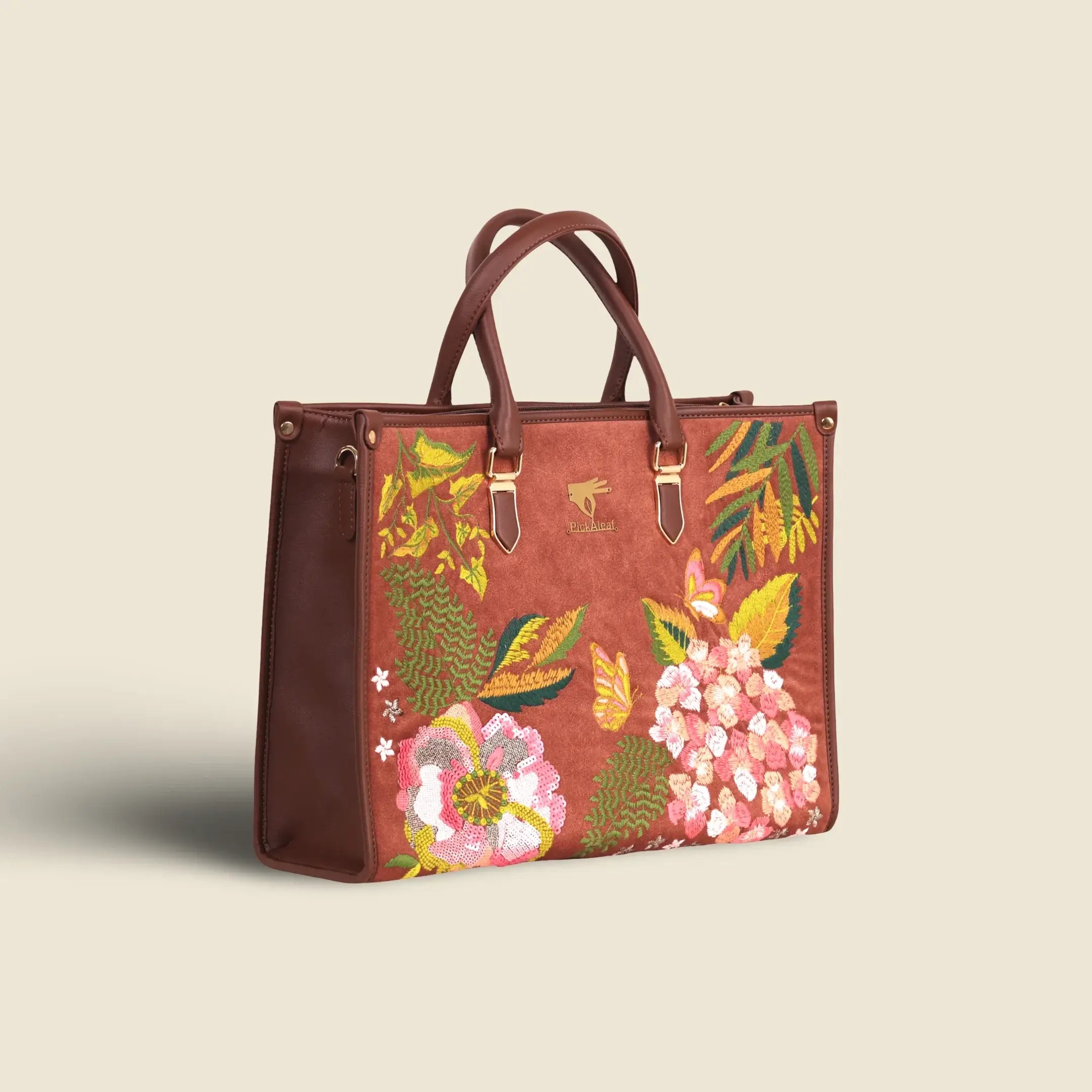 Brown embroidered large tote bag for women in cruelty free vegan leather by PickAleaf with laptop space and compartments for daily use