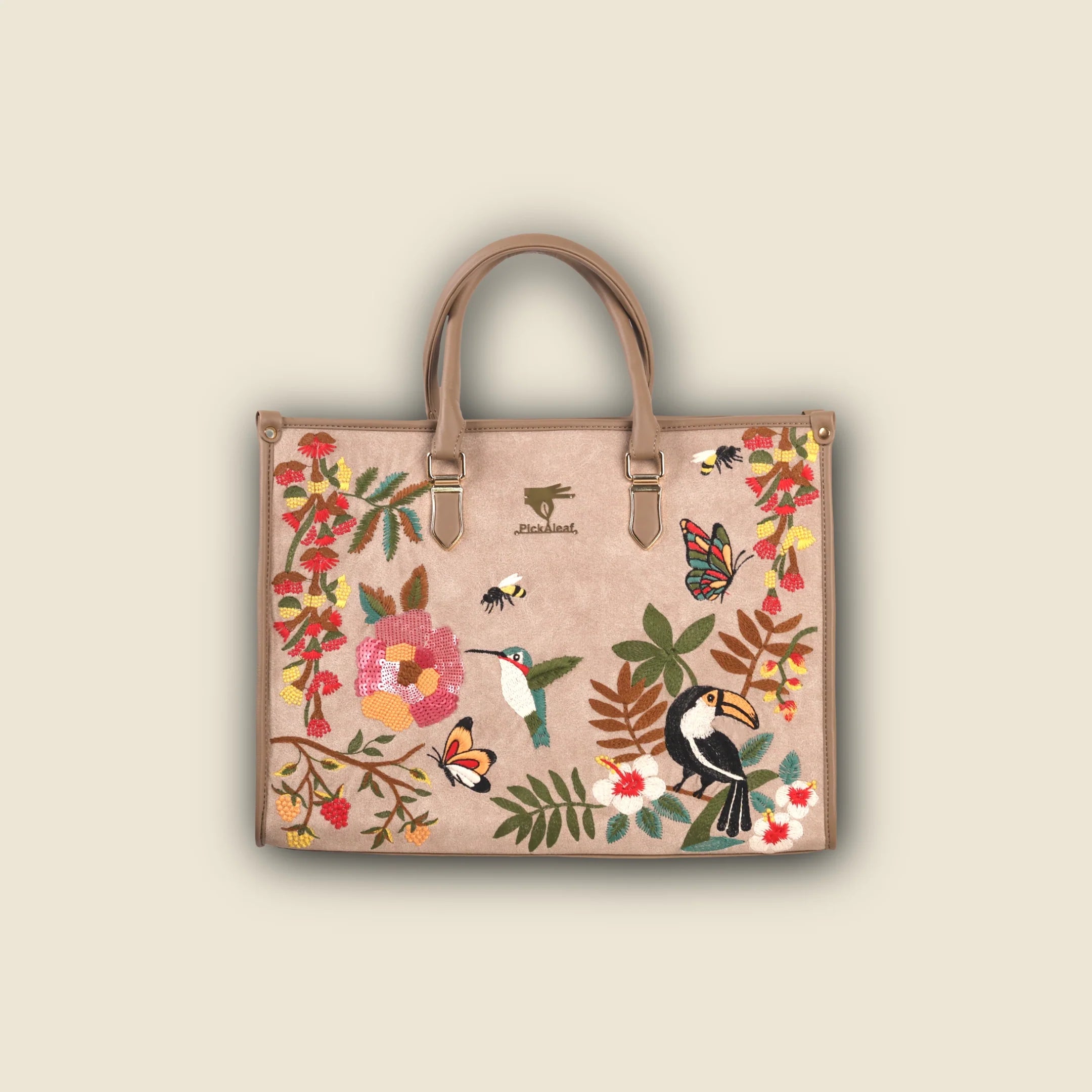 Beige Embroidery Mystic Garden Shoulder Bag