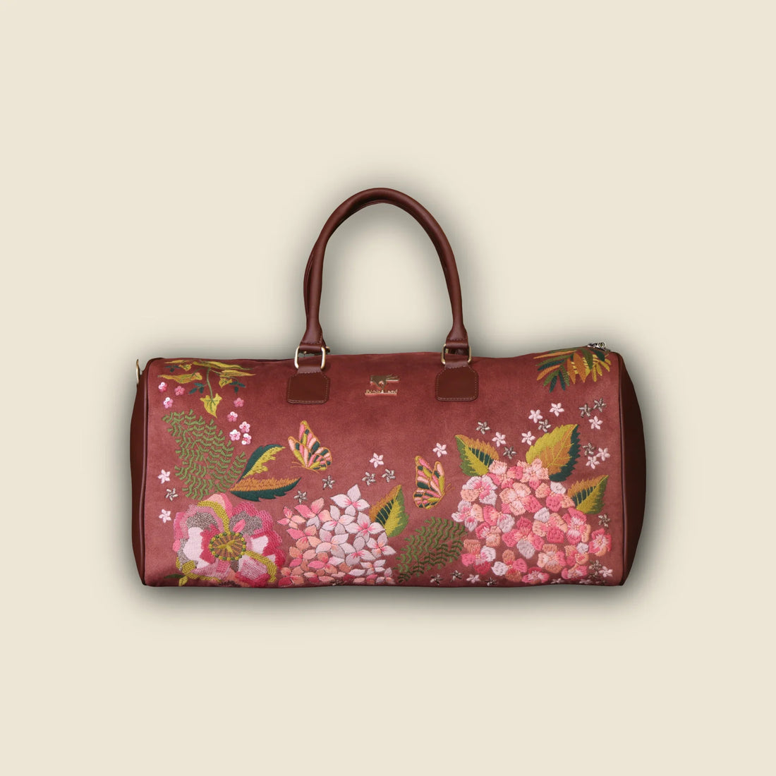 Brown Embroidery Blossom Wood Duffel Bag
