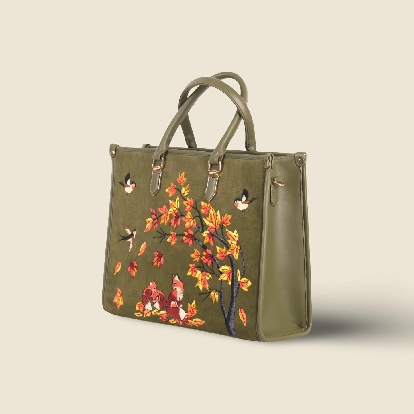 Olive Green Embroidery Autumn Whisper Shoulder Bag